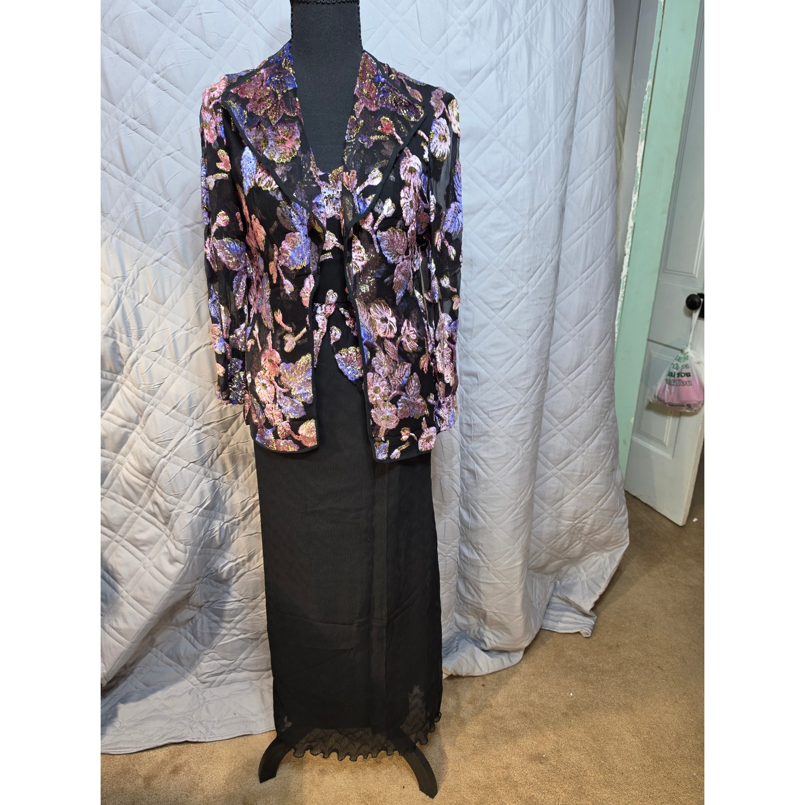 Judy Hornby Couture 3pc Silk Set Floral Devore Jacket Camisole Maxi Skirt Size 4